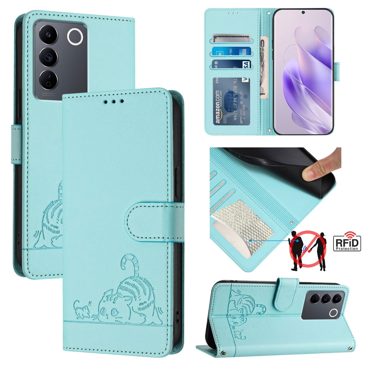 vivo V27E 4G Global Leather Phone Case with Cat and Rat Embossed Pattern, RFID Protection, Card Holder Slots, Anti-fall Feature & Lanyard
