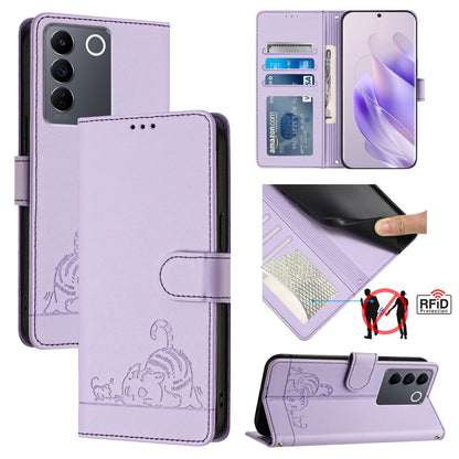 vivo V27E 4G Global Leather Phone Case with Cat and Rat Embossed Pattern, RFID Protection, Card Holder Slots, Anti-fall Feature & Lanyard