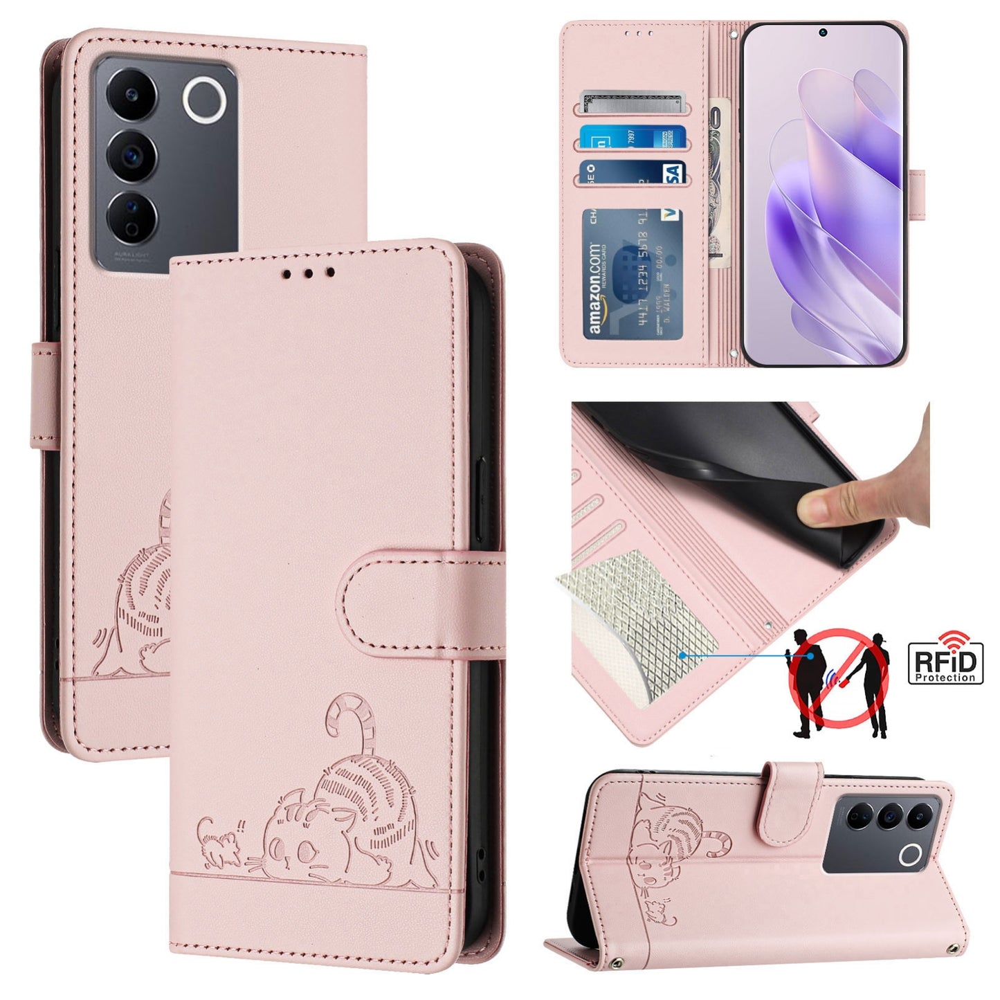 vivo T2 4G Global Leather Phone Case with Cat and Rat Embossed Pattern, RFID Protection, Card Holder Slots, Anti-fall Feature & Lanyard