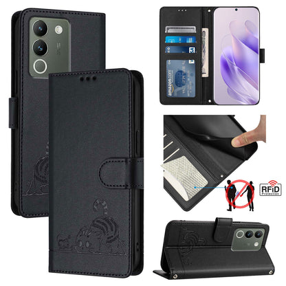 vivo V29E 5G Global Leather Phone Case with Cat and Rat Embossed Pattern, RFID Protection, Card Holder Slots, Anti-fall Feature & Lanyard