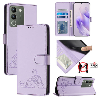 vivo V29E 5G Global Leather Phone Case with Cat and Rat Embossed Pattern, RFID Protection, Card Holder Slots, Anti-fall Feature & Lanyard