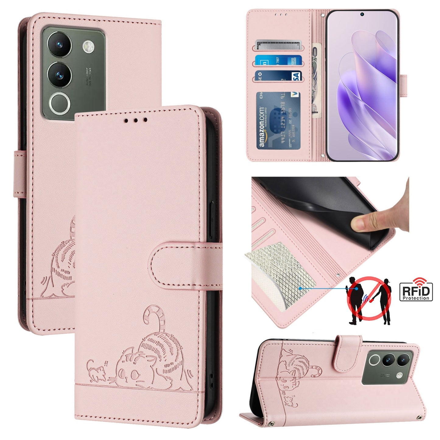 vivo Y200 5G Global Leather Phone Case with Cat and Rat Embossed Pattern, RFID Protection, Card Holder Slots, Anti-fall Feature & Lanyard