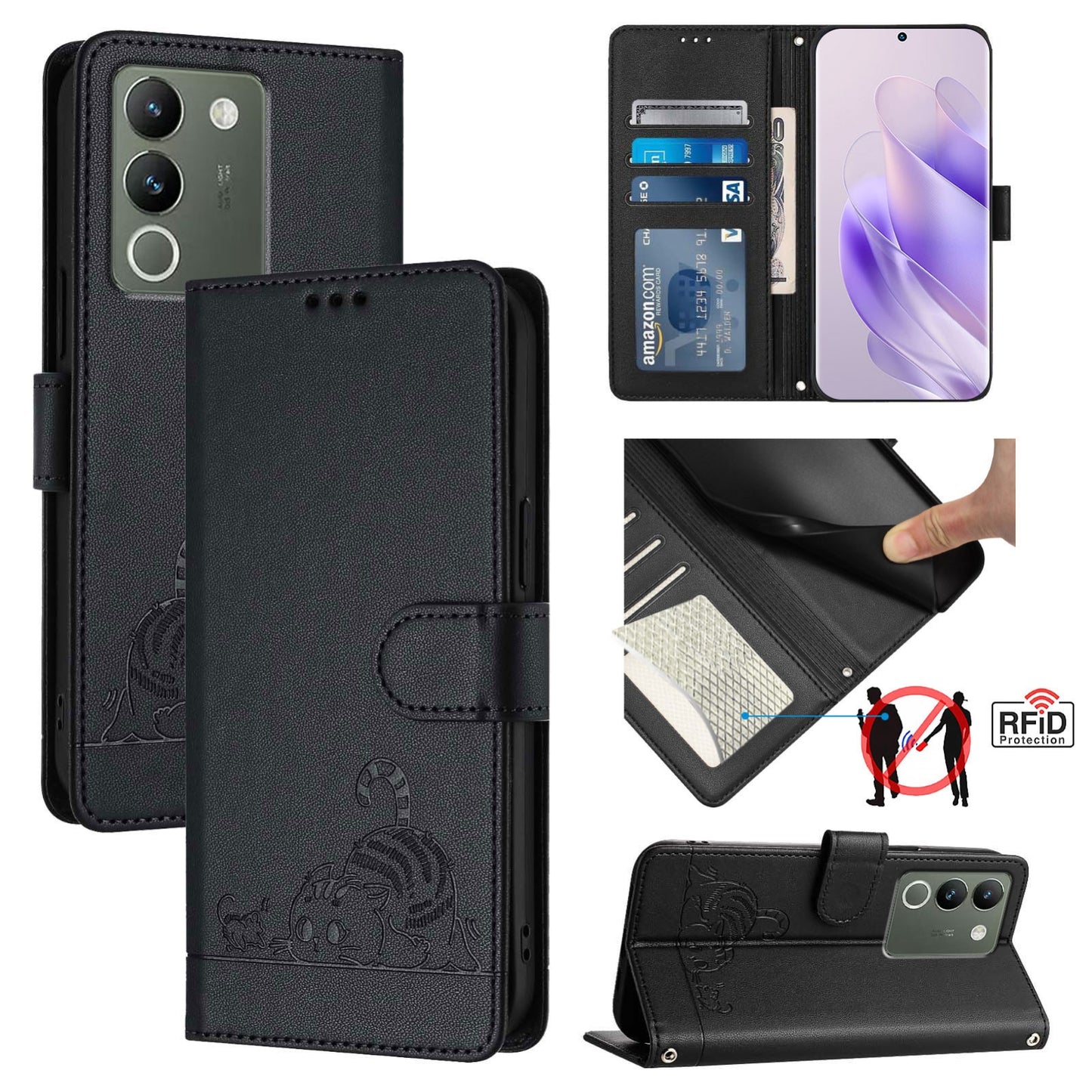 vivo Y200 5G Global Leather Phone Case with Cat and Rat Embossed Pattern, RFID Protection, Card Holder Slots, Anti-fall Feature & Lanyard