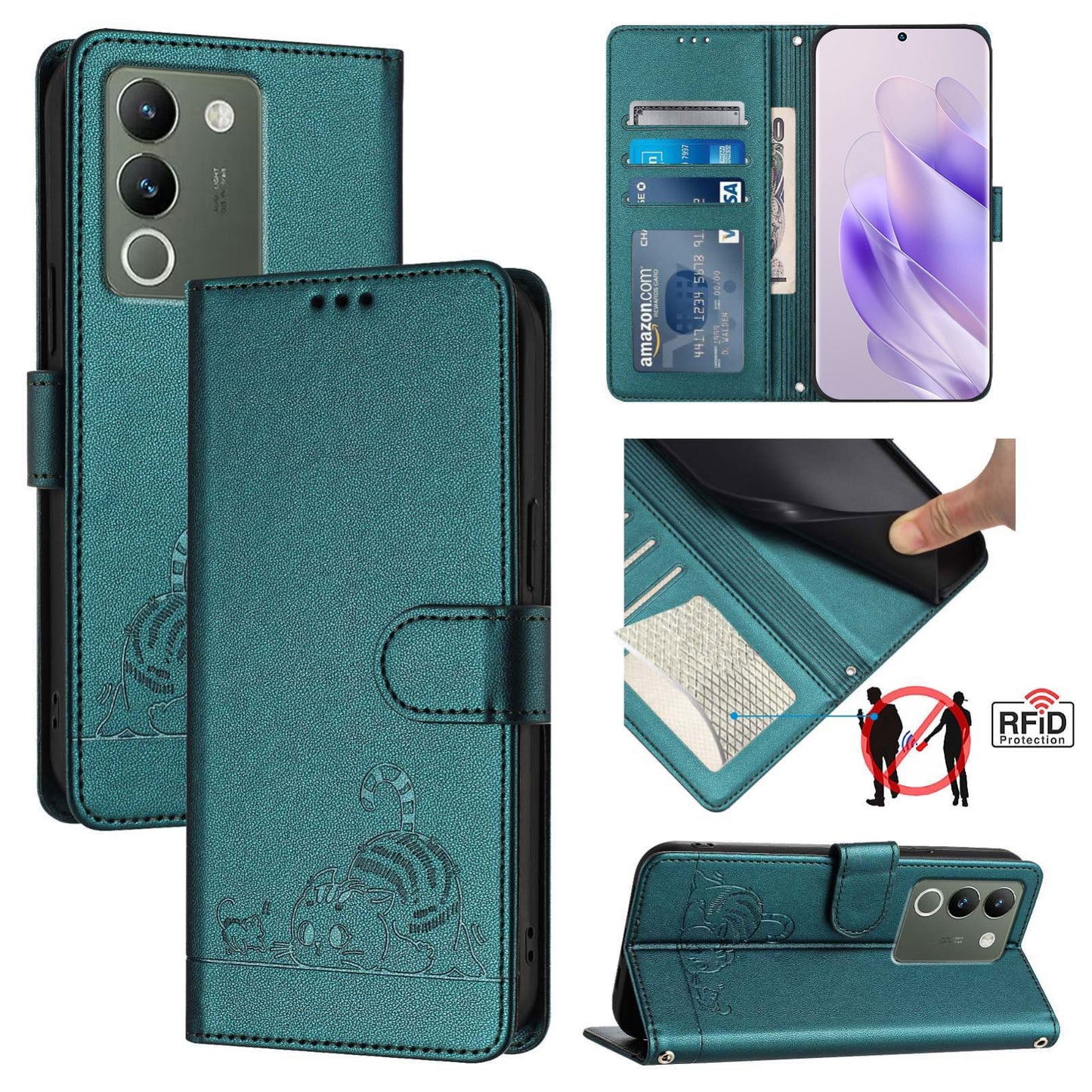 vivo Y200 5G Global Leather Phone Case with Cat and Rat Embossed Pattern, RFID Protection, Card Holder Slots, Anti-fall Feature & Lanyard