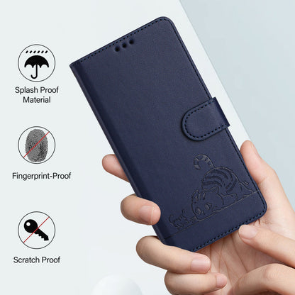 vivo V30 Lite 5G Global Leather Phone Case with Cat and Rat Embossed Pattern, RFID Protection, Card Holder Slots, Anti-fall Feature & Lanyard
