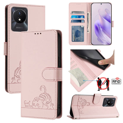 vivo Y11 2023 Leather Phone Case with Cat and Rat Embossed Pattern, RFID Protection, Card Holder Slots, Anti-fall Feature & Lanyard