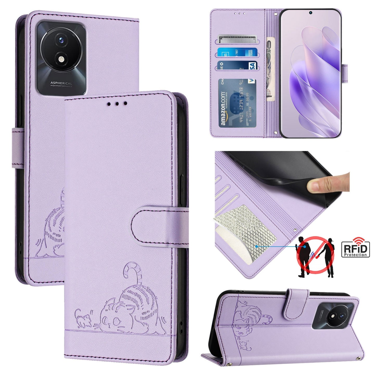 vivo Y11 2023 Leather Phone Case with Cat and Rat Embossed Pattern, RFID Protection, Card Holder Slots, Anti-fall Feature & Lanyard
