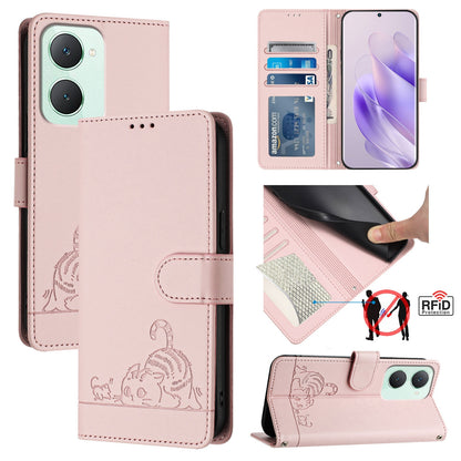 vivo Y03 4G Global Leather Phone Case with Cat and Rat Embossed Pattern, RFID Protection, Card Holder Slots, Anti-fall Feature & Lanyard