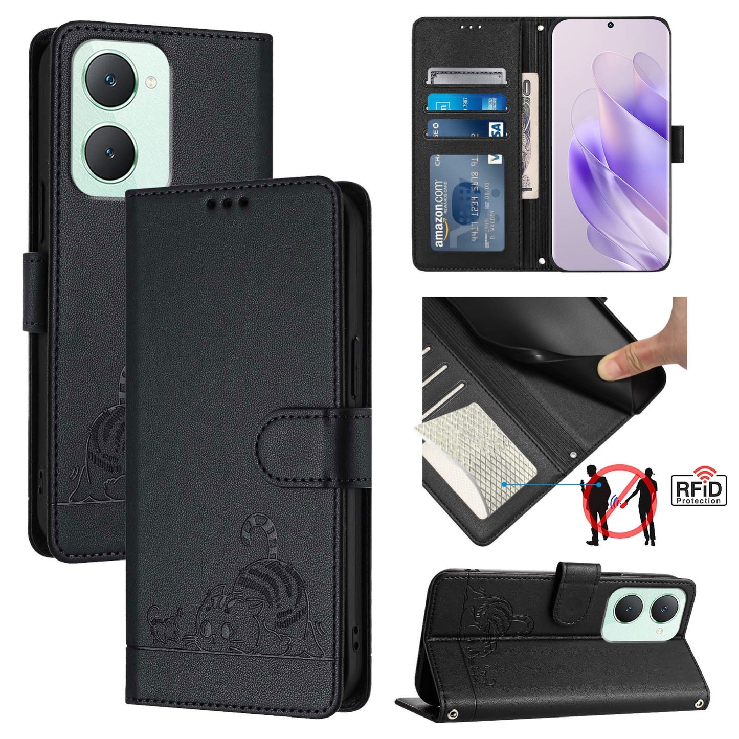 vivo Y03 4G Global Leather Phone Case with Cat and Rat Embossed Pattern, RFID Protection, Card Holder Slots, Anti-fall Feature & Lanyard