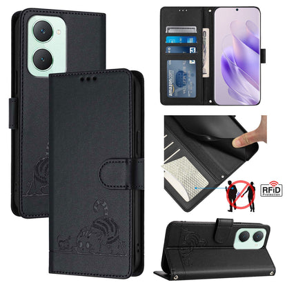 vivo Y03 4G Global Leather Phone Case with Cat and Rat Embossed Pattern, RFID Protection, Card Holder Slots, Anti-fall Feature & Lanyard