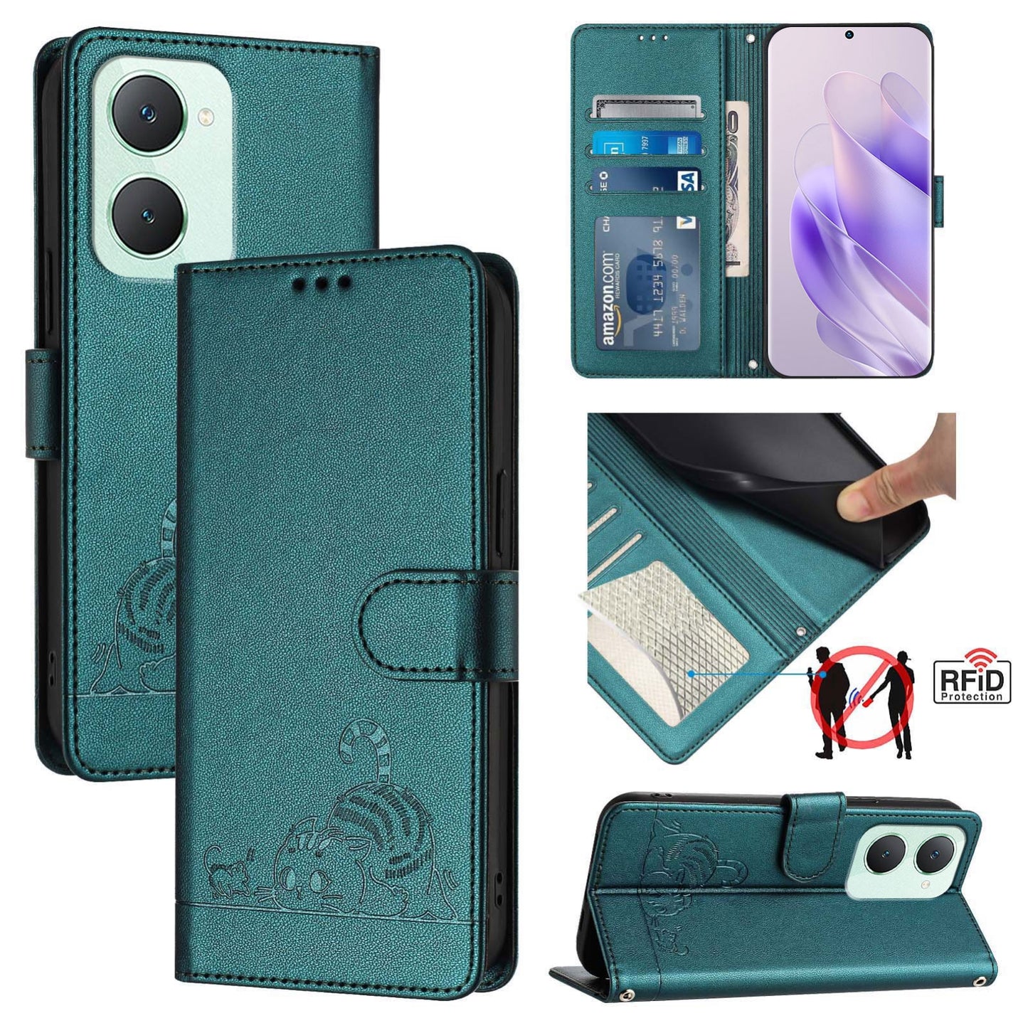 vivo Y03 4G Global Leather Phone Case with Cat and Rat Embossed Pattern, RFID Protection, Card Holder Slots, Anti-fall Feature & Lanyard