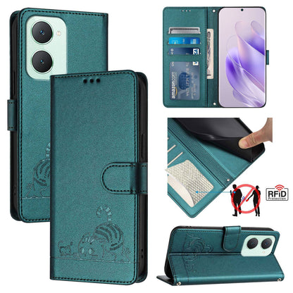 vivo Y03 4G Global Leather Phone Case with Cat and Rat Embossed Pattern, RFID Protection, Card Holder Slots, Anti-fall Feature & Lanyard