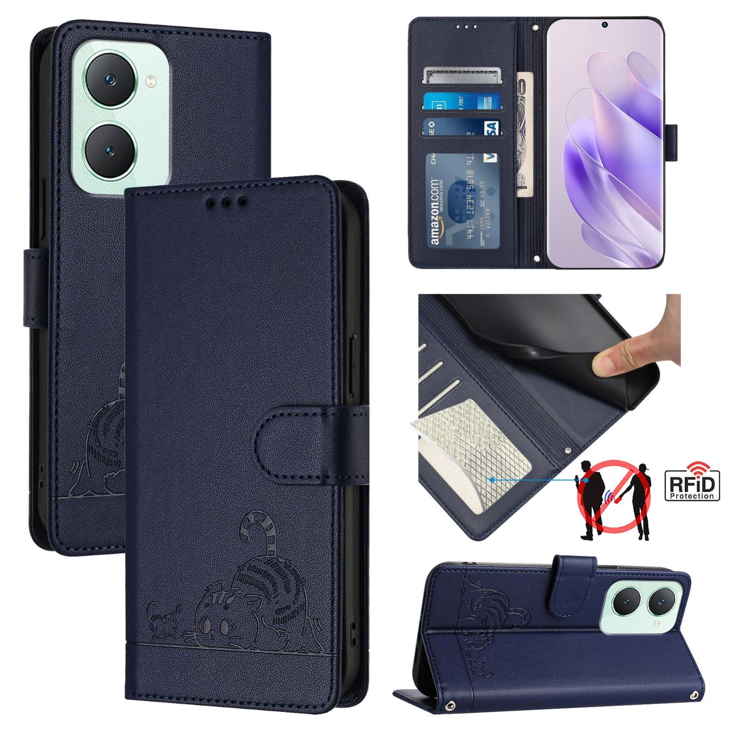 vivo Y03 4G Global Leather Phone Case with Cat and Rat Embossed Pattern, RFID Protection, Card Holder Slots, Anti-fall Feature & Lanyard