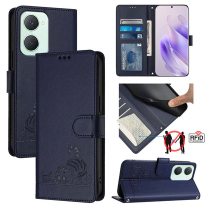 vivo Y03 4G Global Leather Phone Case with Cat and Rat Embossed Pattern, RFID Protection, Card Holder Slots, Anti-fall Feature & Lanyard