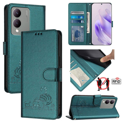 vivo Y17S 4G Global Leather Phone Case with Cat and Rat Embossed Pattern, RFID Protection, Card Holder Slots, Anti-fall Feature & Lanyard