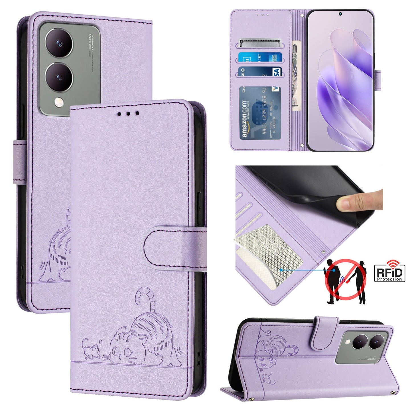 vivo Y17S 4G Global Leather Phone Case with Cat and Rat Embossed Pattern, RFID Protection, Card Holder Slots, Anti-fall Feature & Lanyard