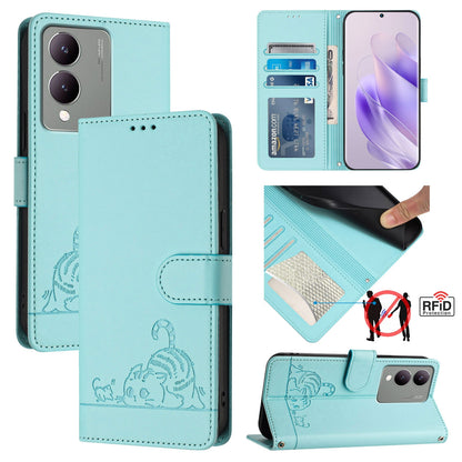 vivo Y17S 5G India Leather Phone Case with Cat and Rat Embossed Pattern, RFID Protection, Card Holder Slots, Anti-fall Feature & Lanyard