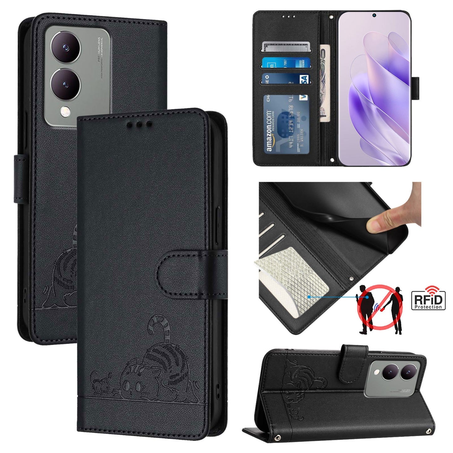 vivo Y17S 5G India Leather Phone Case with Cat and Rat Embossed Pattern, RFID Protection, Card Holder Slots, Anti-fall Feature & Lanyard