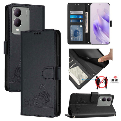 vivo Y17S 5G India Leather Phone Case with Cat and Rat Embossed Pattern, RFID Protection, Card Holder Slots, Anti-fall Feature & Lanyard