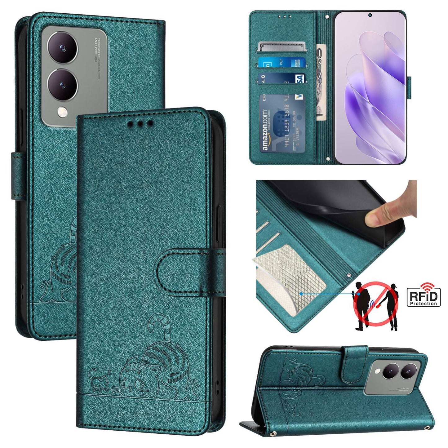 vivo Y17S 5G India Leather Phone Case with Cat and Rat Embossed Pattern, RFID Protection, Card Holder Slots, Anti-fall Feature & Lanyard