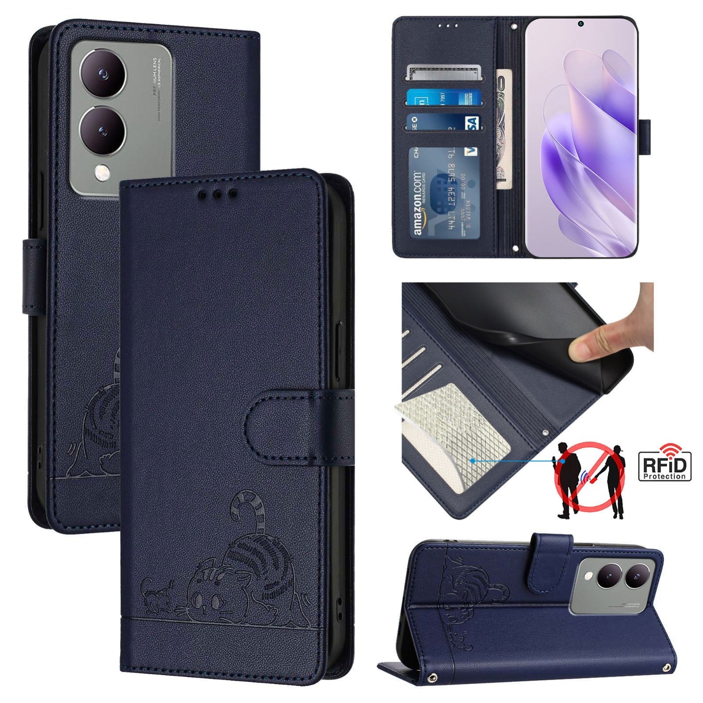 vivo Y17S 5G India Leather Phone Case with Cat and Rat Embossed Pattern, RFID Protection, Card Holder Slots, Anti-fall Feature & Lanyard