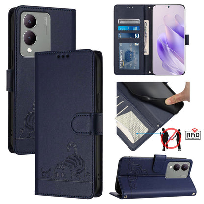 vivo Y17S 5G India Leather Phone Case with Cat and Rat Embossed Pattern, RFID Protection, Card Holder Slots, Anti-fall Feature & Lanyard