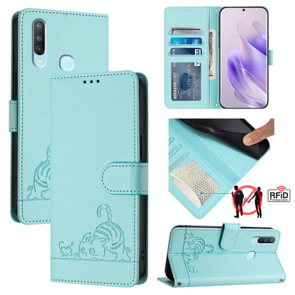 vivo Y17 Leather Phone Case with Cat and Rat Embossed Pattern, RFID Protection, Card Holder Slots, Anti-fall Feature & Lanyard