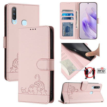 vivo Y17 Leather Phone Case with Cat and Rat Embossed Pattern, RFID Protection, Card Holder Slots, Anti-fall Feature & Lanyard