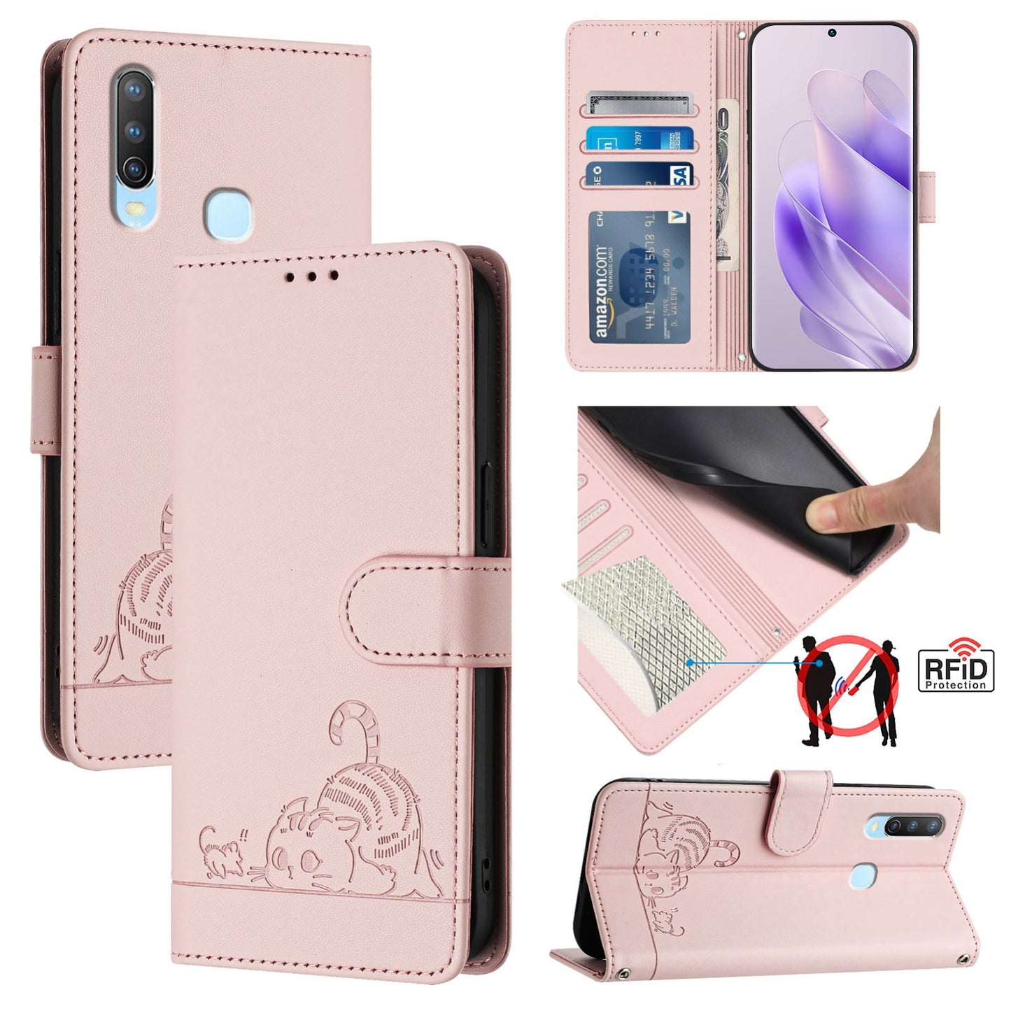 vivo Y11 Leather Phone Case with Cat and Rat Embossed Pattern, RFID Protection, Card Holder Slots, Anti-fall Feature & Lanyard