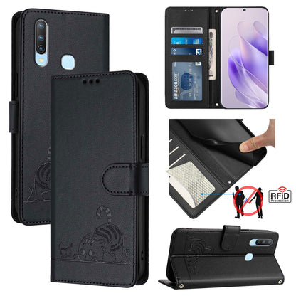 vivo Y17 Leather Phone Case with Cat and Rat Embossed Pattern, RFID Protection, Card Holder Slots, Anti-fall Feature & Lanyard