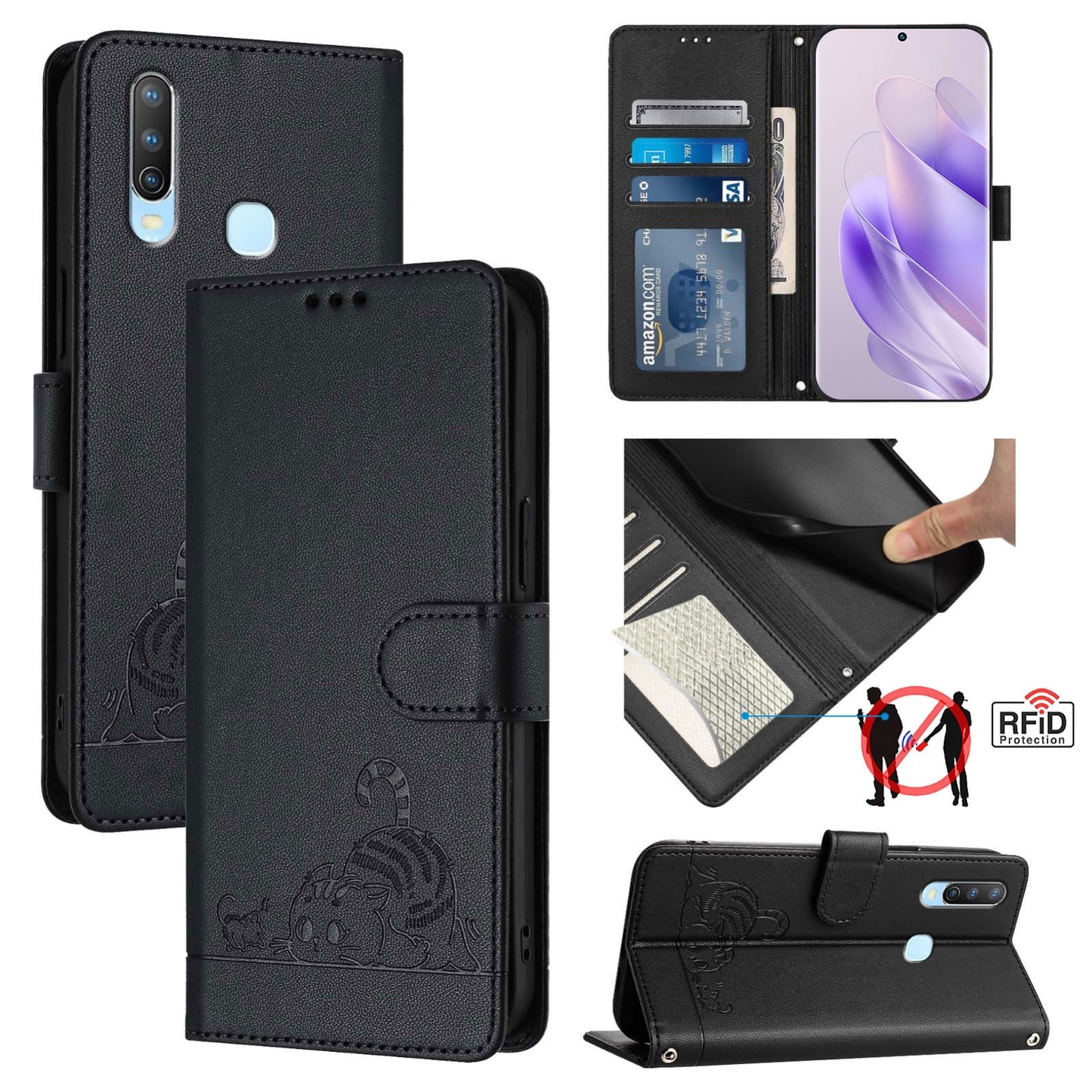 vivo Y11 Leather Phone Case with Cat and Rat Embossed Pattern, RFID Protection, Card Holder Slots, Anti-fall Feature & Lanyard