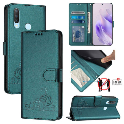 vivo Y11 Leather Phone Case with Cat and Rat Embossed Pattern, RFID Protection, Card Holder Slots, Anti-fall Feature & Lanyard