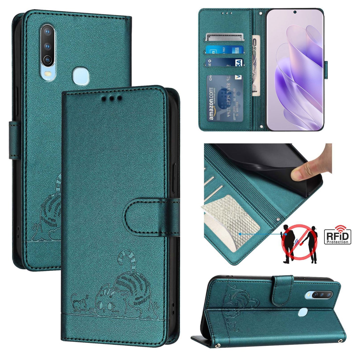 vivo Y15 Leather Phone Case with Cat and Rat Embossed Pattern, RFID Protection, Card Holder Slots, Anti-fall Feature & Lanyard