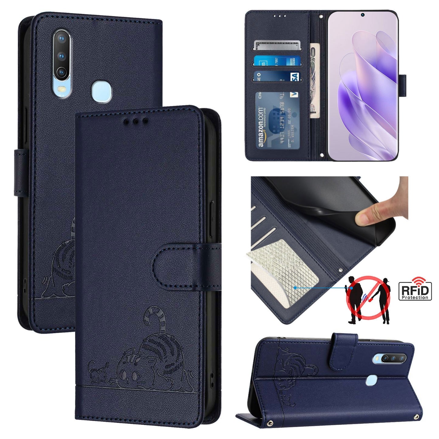 vivo Y17 Leather Phone Case with Cat and Rat Embossed Pattern, RFID Protection, Card Holder Slots, Anti-fall Feature & Lanyard
