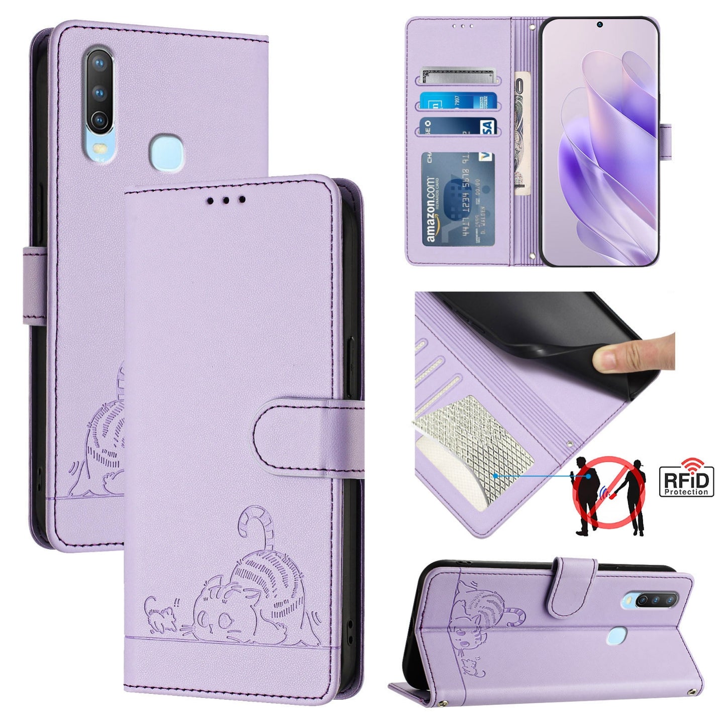 vivo Y17 Leather Phone Case with Cat and Rat Embossed Pattern, RFID Protection, Card Holder Slots, Anti-fall Feature & Lanyard