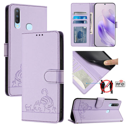 vivo Y17 Leather Phone Case with Cat and Rat Embossed Pattern, RFID Protection, Card Holder Slots, Anti-fall Feature & Lanyard