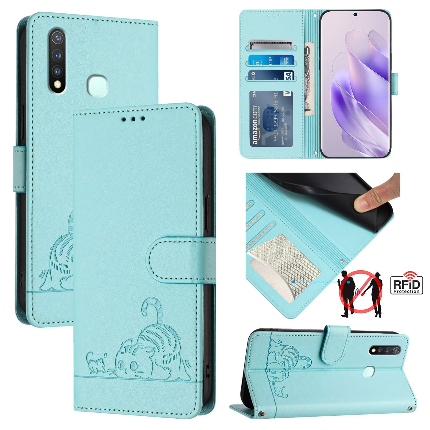 vivo Y5S Leather Phone Case with Cat and Rat Embossed Pattern, RFID Protection, Card Holder Slots, Anti-fall Feature & Lanyard