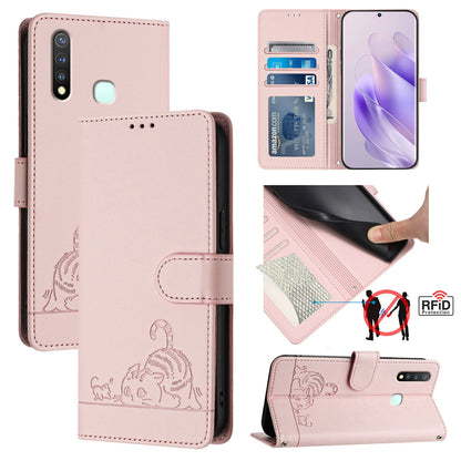 vivo Y19 Leather Phone Case with Cat and Rat Embossed Pattern, RFID Protection, Card Holder Slots, Anti-fall Feature & Lanyard