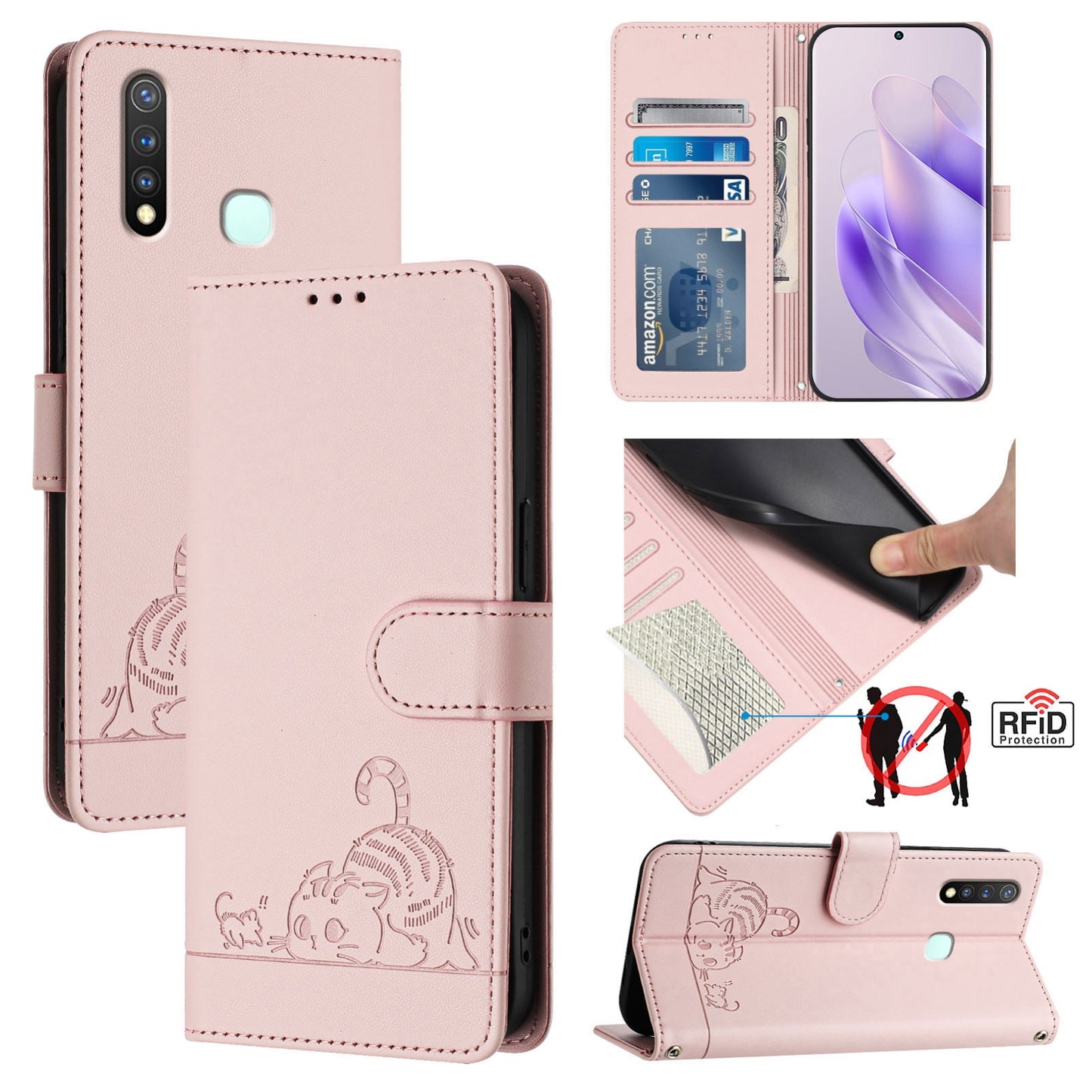 vivo U3 Leather Phone Case with Cat and Rat Embossed Pattern, RFID Protection, Card Holder Slots, Anti-fall Feature & Lanyard