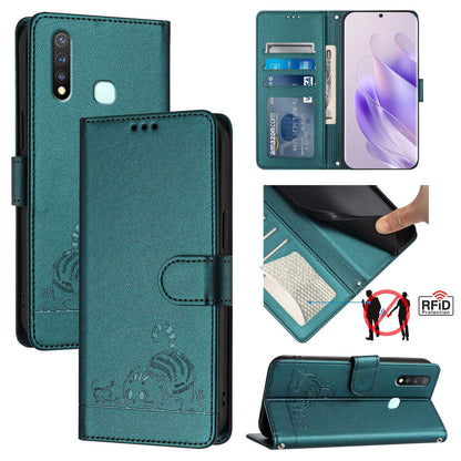 vivo Z5i Leather Phone Case with Cat and Rat Embossed Pattern, RFID Protection, Card Holder Slots, Anti-fall Feature & Lanyard