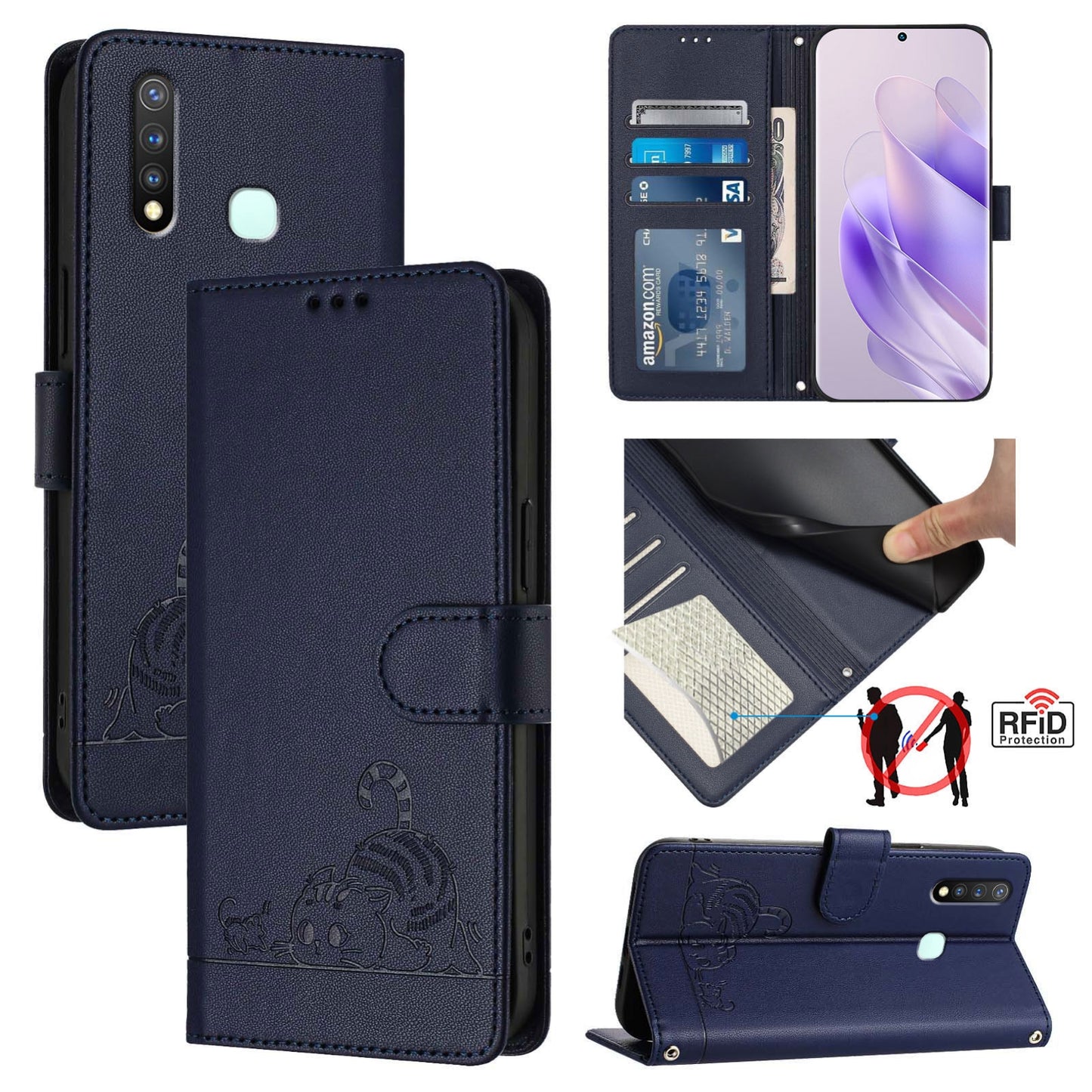 vivo U3 Leather Phone Case with Cat and Rat Embossed Pattern, RFID Protection, Card Holder Slots, Anti-fall Feature & Lanyard
