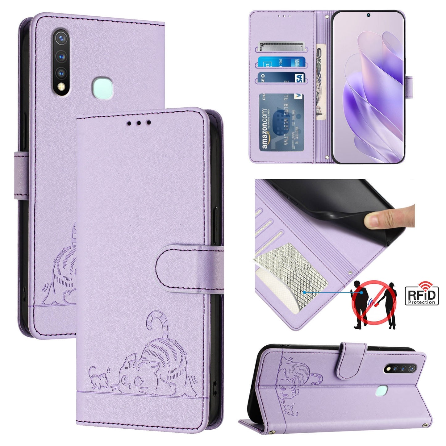 vivo Y5S Leather Phone Case with Cat and Rat Embossed Pattern, RFID Protection, Card Holder Slots, Anti-fall Feature & Lanyard