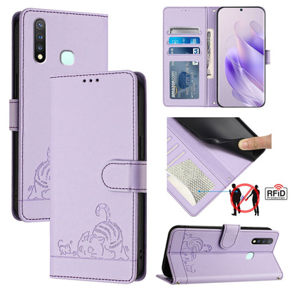 vivo Y5S Leather Phone Case with Cat and Rat Embossed Pattern, RFID Protection, Card Holder Slots, Anti-fall Feature & Lanyard