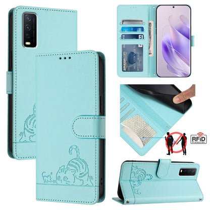 vivo Y20 Leather Phone Case with Cat and Rat Embossed Pattern, RFID Protection, Card Holder Slots, Anti-fall Feature & Lanyard