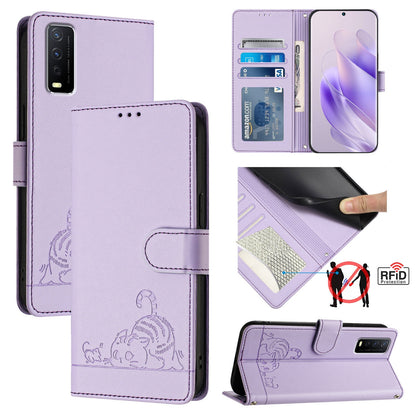 vivo Y20 Leather Phone Case with Cat and Rat Embossed Pattern, RFID Protection, Card Holder Slots, Anti-fall Feature & Lanyard