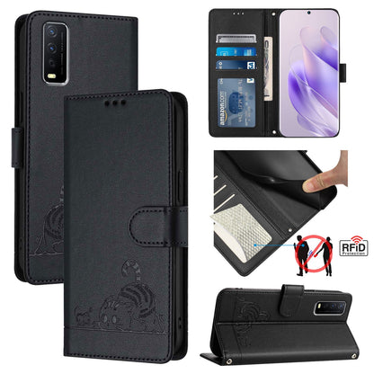 vivo Y12A Leather Phone Case with Cat and Rat Embossed Pattern, RFID Protection, Card Holder Slots, Anti-fall Feature & Lanyard