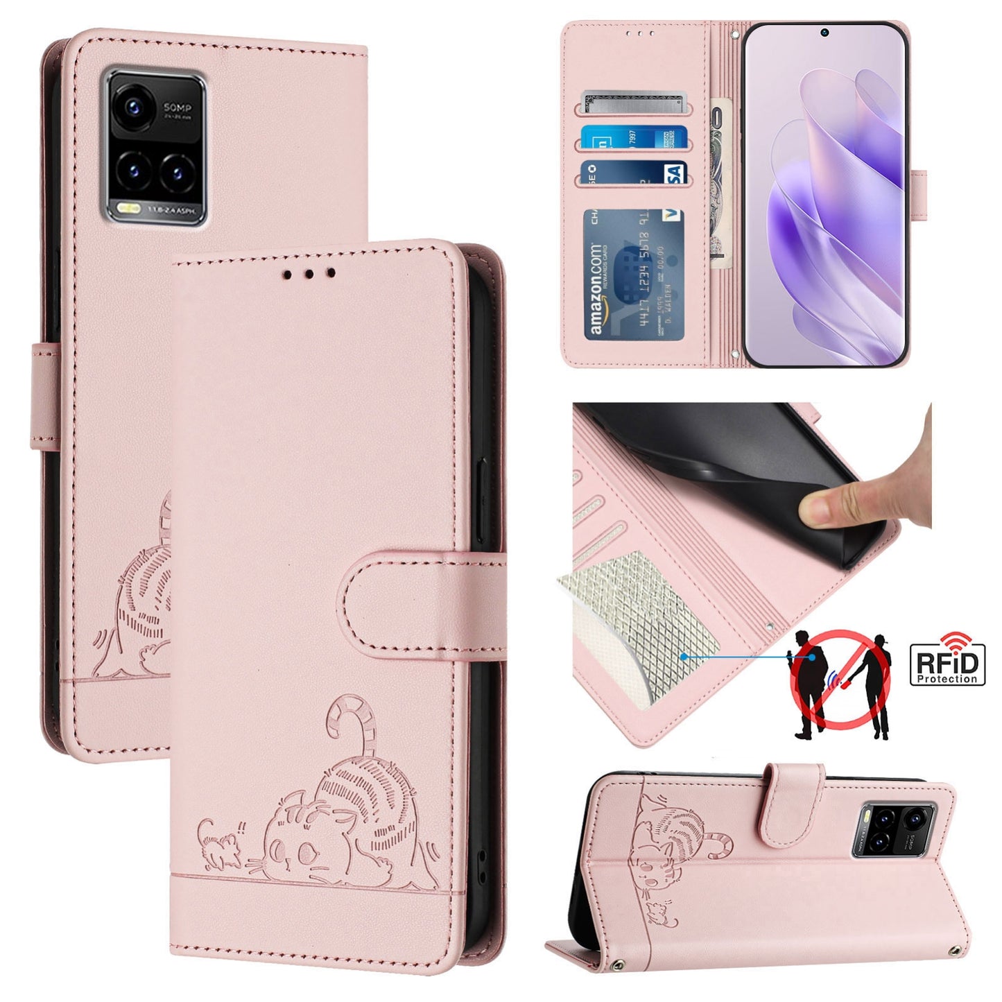 vivo Y33S 4G Global Leather Phone Case with Cat and Rat Embossed Pattern, RFID Protection, Card Holder Slots, Anti-fall Feature & Lanyard