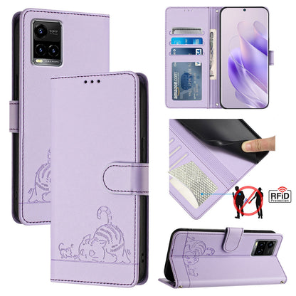 vivo Y33S 4G Global Leather Phone Case with Cat and Rat Embossed Pattern, RFID Protection, Card Holder Slots, Anti-fall Feature & Lanyard
