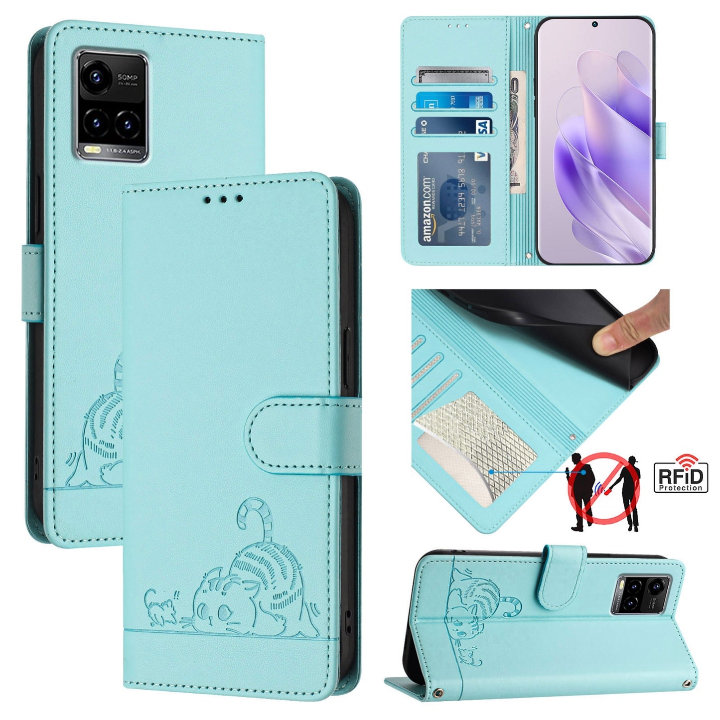 vivo Y21T Leather Phone Case with Cat and Rat Embossed Pattern, RFID Protection, Card Holder Slots, Anti-fall Feature & Lanyard