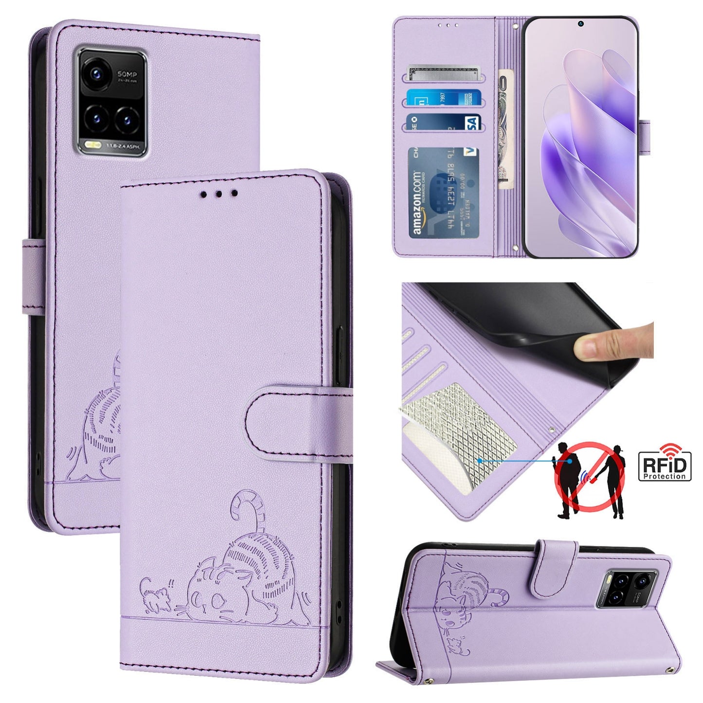 vivo Y21T Leather Phone Case with Cat and Rat Embossed Pattern, RFID Protection, Card Holder Slots, Anti-fall Feature & Lanyard